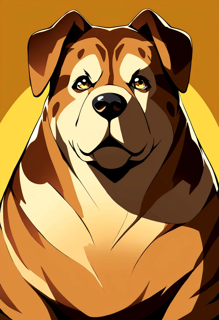 Create realistic images of caramel dogs,Its fur is very short,Looking straight ahead with naughty eyes. The background is abstract,Available in different shades of brown. Brown spots in the background blend smoothly with yellow shadows.