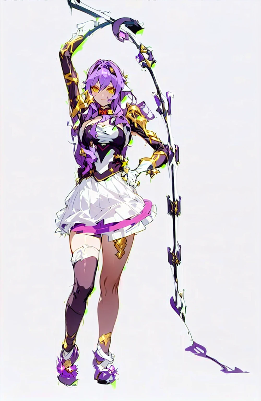 art, 8k, masterpiece, (front), (Sirin), purple_hair, long_hair, medium_breasts, armor, (bodysuit), (greek_clothing), golden accents, glowing_bodysuit, (high_Heels), sexy,  a close up of a woman in a costume holding a pole, juri misaki, yayoi kasuma, knights of zodiac girl, jojo, lunar themed attire, triumphant pose, vi from arcane, sakura kinomoto, a purple and white dress uniform, misato katsuragi, mamimi samejima, katana zero video game character