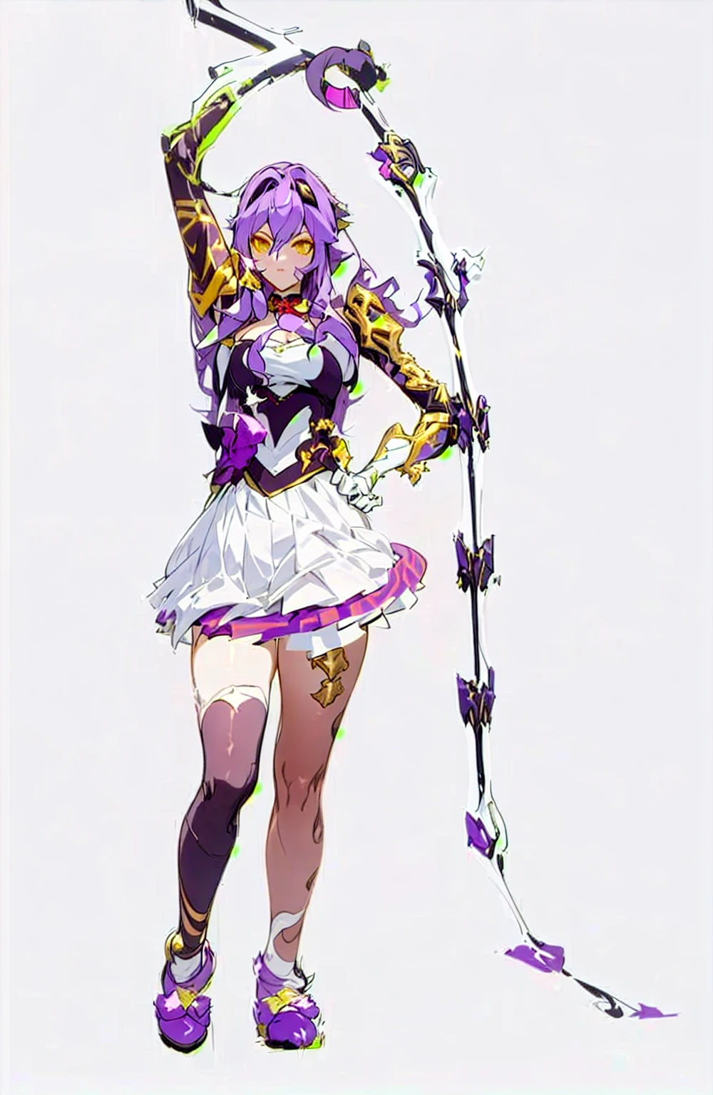 art, 8k, masterpiece, (front), (Sirin), purple_hair, long_hair, medium_breasts, armor, (bodysuit), (greek_clothing), golden accents, glowing_bodysuit, (high_Heels), sexy,  a close up of a woman in a costume holding a pole, juri misaki, yayoi kasuma, knights of zodiac girl, jojo, lunar themed attire, triumphant pose, vi from arcane, sakura kinomoto, a purple and white dress uniform, misato katsuragi, mamimi samejima, katana zero video game character