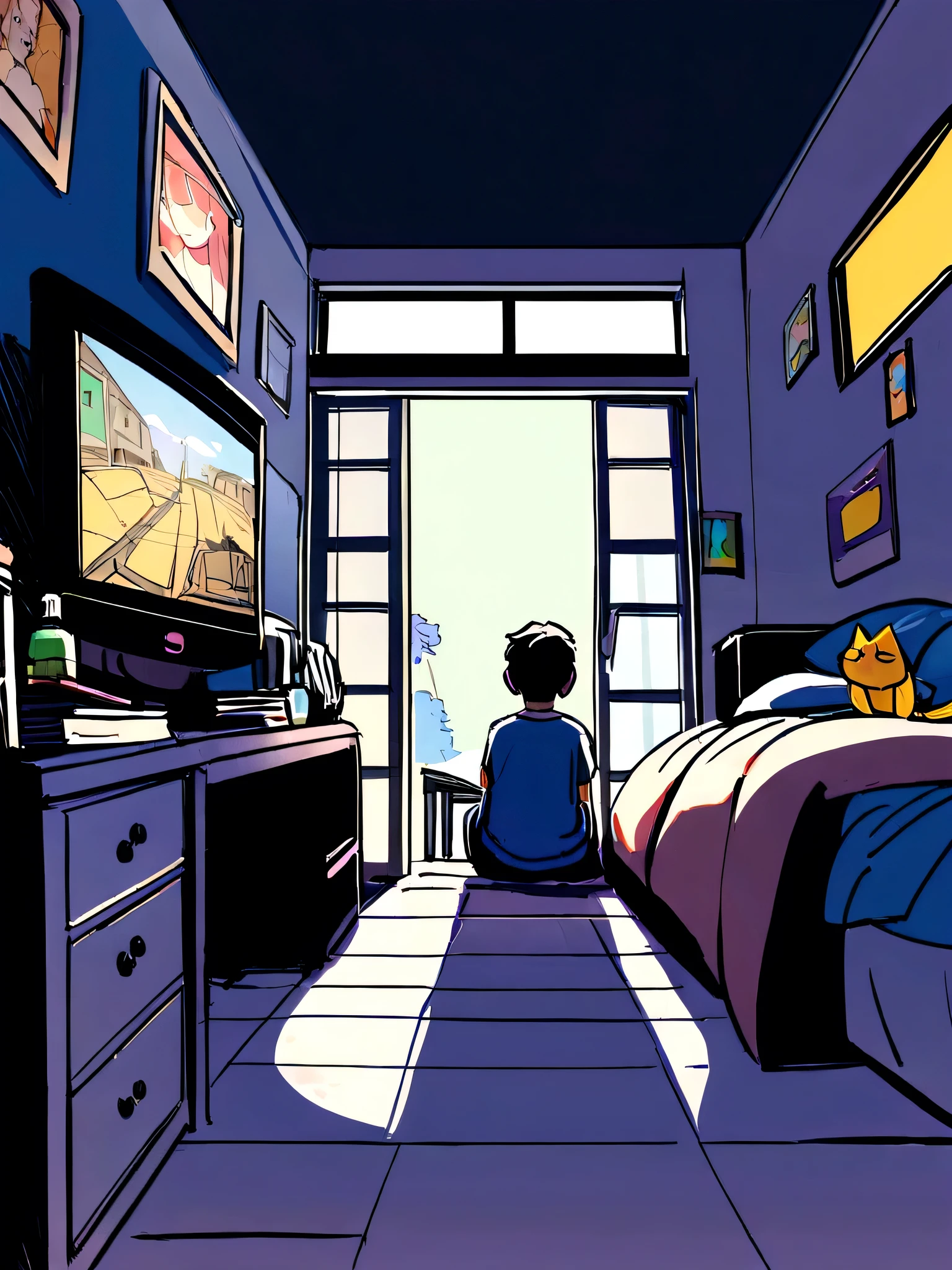 ((super quality))(realisitic) (first person view) through the eyes of a 13 year old boy, cross legs, lying in the bed, room wide view view, open door dark hallway, reading table with computer turned on, screen with photo of a yellow cat, textbooks, window with rain running down, lightning through the window, regale, textbooks, water bottle, robot frames, Mattire, cool colours.