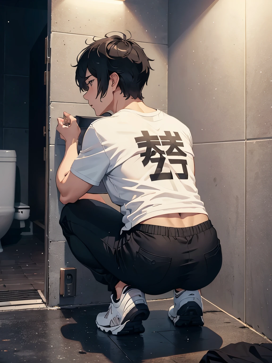 A 20-year-old man squatting、Lower abdomen of middle-aged men、Blowjob、Back view、White T-shirt and black pants、A dark and suspicious toilet at night、