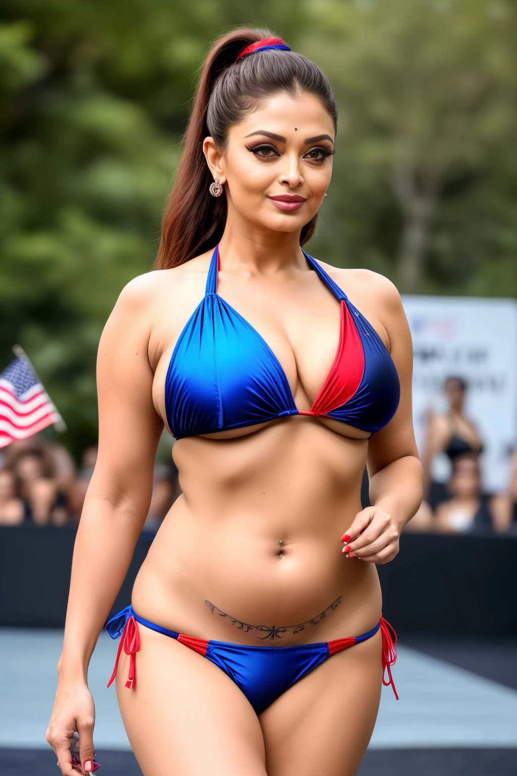 CLOSE UP photo of SEXY 50YO MATURE MILF AISHWARYA RAI as a NYMPHOMANIAC, ((SMOKY EYES MAKEUP)), ((ponytail tied hair)), ((US flag red and blue micro bikini)), ((ankle boots)), (((catwalk outdoors on ramp SEX show))), day scene, curvy mature hourglass figure, look straight at camera, sexy 50 yo mature MILF, soft volumetric lights, intricate details, (ArtStation:1.2)