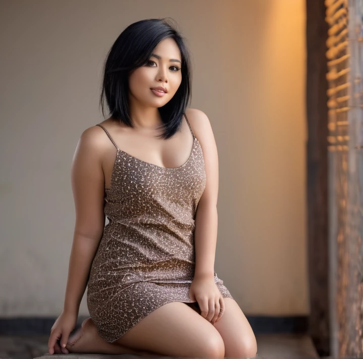 Gorgeous Full Body Indonesian Woman, dreamy white skin, a bit chubby, wearing g-string thin tight brown casual Short Dress, short black hair, barefoot, Sexy on CANON 5D Mark IV, 85mm Lens, Photoshoot, Depth of Field, Intricately Detailed, Hypermaxalistic, Elegant, Hyperrealistic, Super Detailed, seducing Pose, Focused , photography, Natural light, dynamic focus, Highly detailed and sharp.
