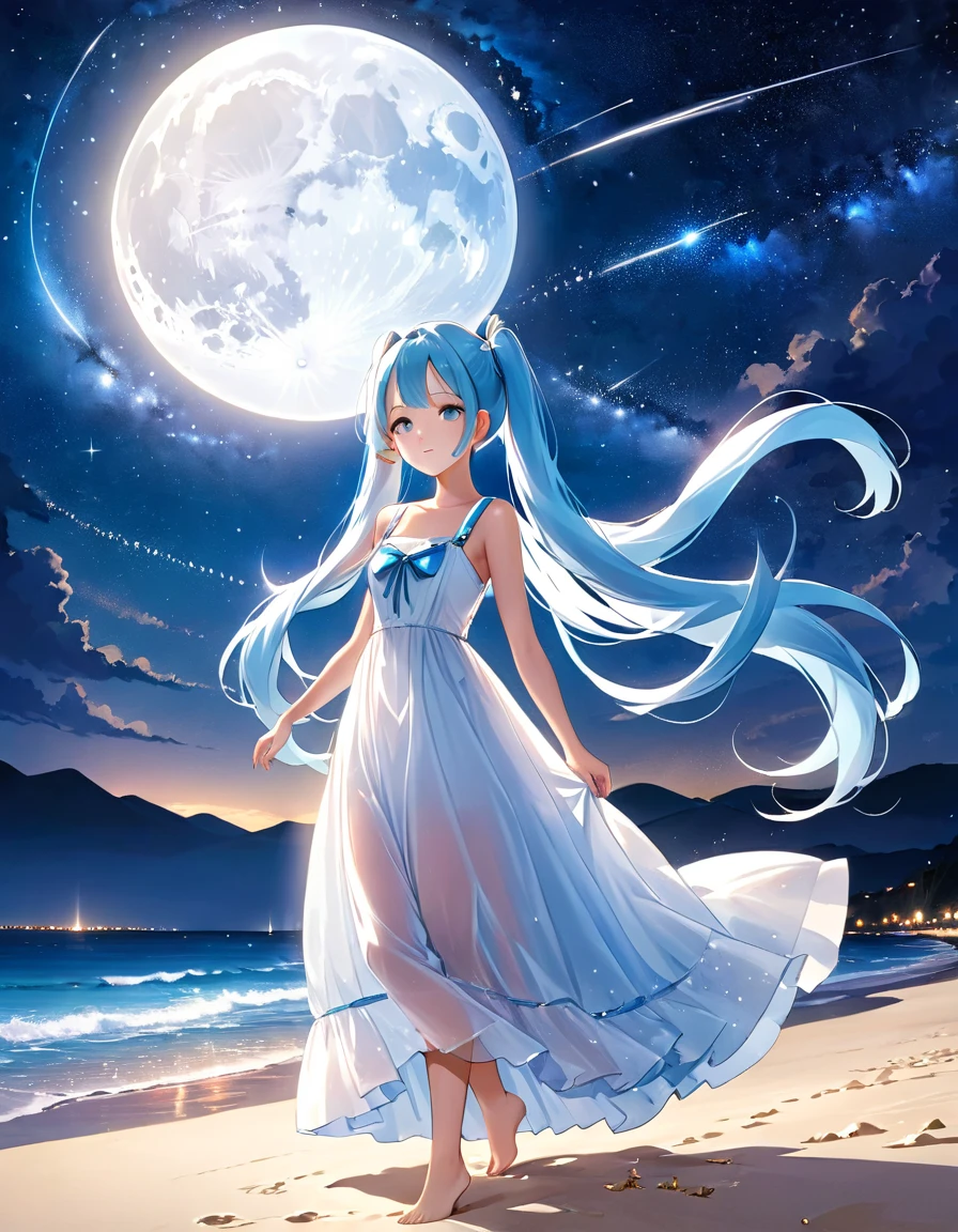 Night sky beach、Big Moon、milky way、Lots of shooting stars、Light blue long hair、Beautiful girl with twin tails、White long dress、Bigger in the center、Face Highlights、