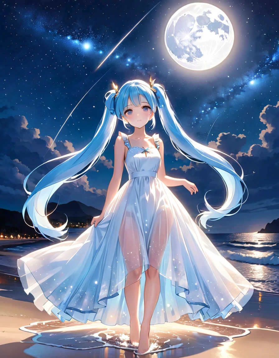 Night sky beach、Big Moon、milky way、Lots of shooting stars、Light blue long hair、Beautiful girl with twin tails、White long dress、Bigger in the center、Face Highlights、