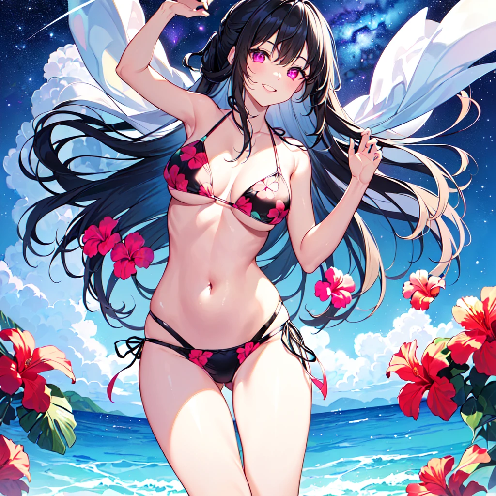 masterpiece, best quality, high quality, extremely detailed, very delicate and beautiful, (1 female 18 years old solo:1.5), (long black hair up to waist with two side up:1.5), bangs to eyebrows, eyes (eyes sharp, strong glossy glossy eyes, eyebrows glossy, (eye color magenta:1.3), 6.5 head height, (bikini swimsuit with hibiscus print:1.3), (floating on back in sea), (smiling), (dynamic pose), (background tropical sea:1.3), (Milky Way Night Sky: 1.3)