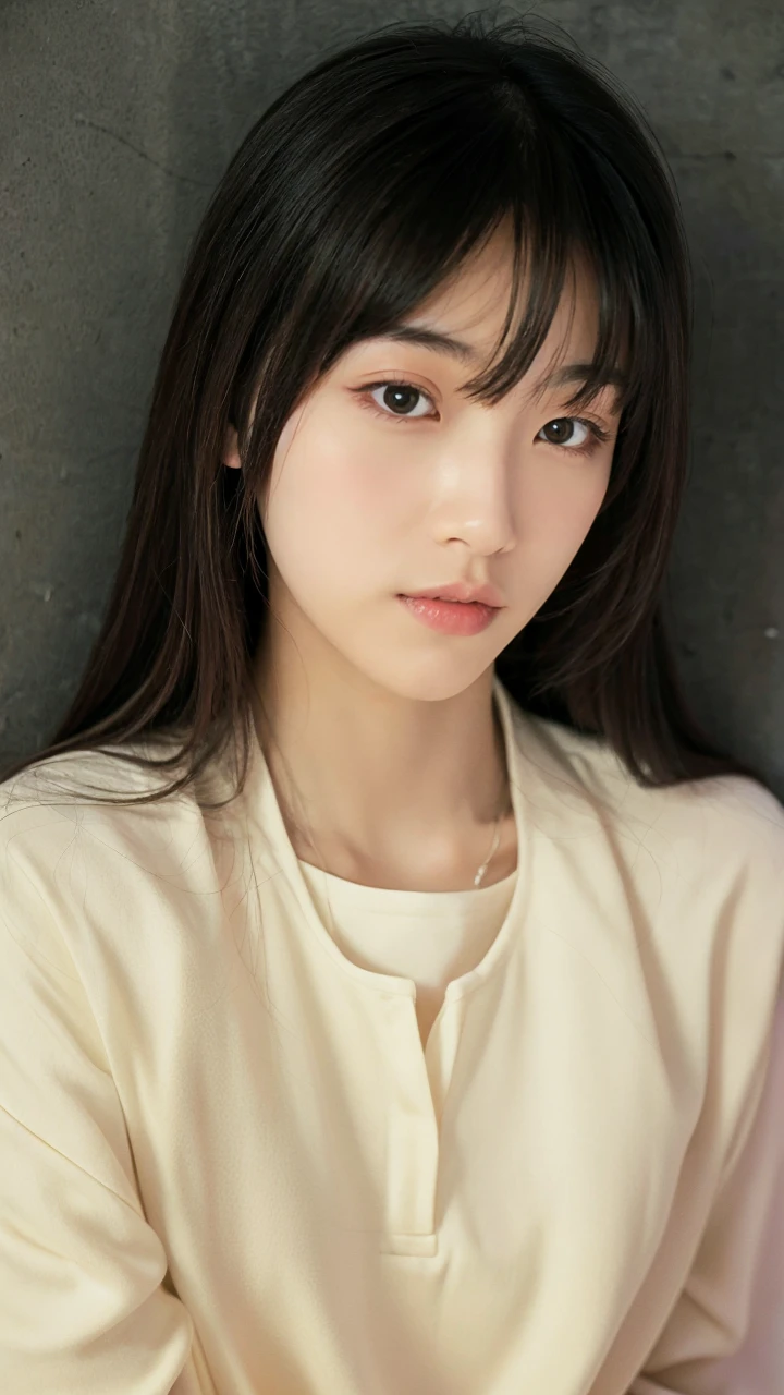 long hair with bangs, korean, slanted eyes, white
