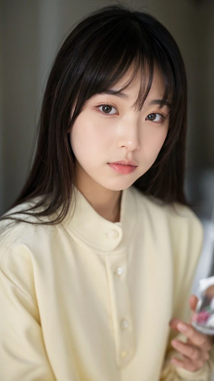 long hair with bangs, korean, slanted eyes, white