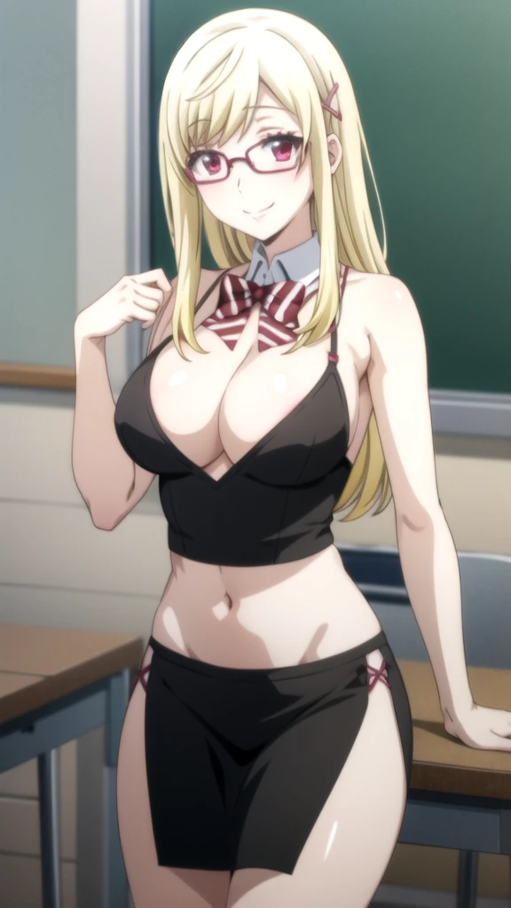 Anime girl with glasses and a black shirt posing in a classroom., oppai, con big breasts, biomechanical OPPAI, big breasts!, seductive anime girl, (sfw) Insurance for work, big breasts!!, oppai proportions, Nagatoro, breasts covered and sfw, anime moe art style, cyberpunk oppai, Ecchi anime style, Con big breasts (anime girl) Yamada mocking smile_yellow, 1chica , by rubio, alone, wide, hair ornament, , smile, bow, red eyes my dress darling anime, beautiful seductress anime anime