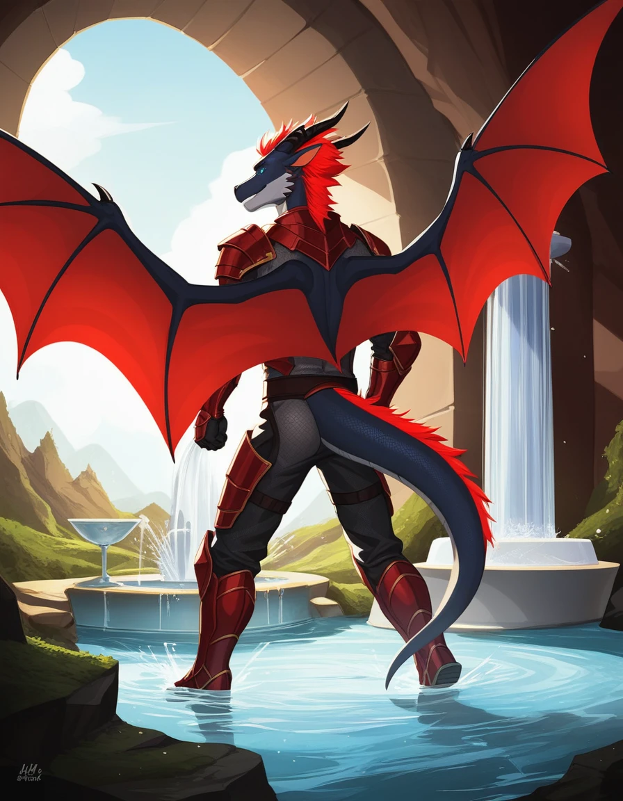 Solo, Score_9, score_8_up, score_7_up, source_cartoon, Anthro male, A black dragon, black dragon with red highlights on scales, black and red wings, blue eyes, short red hair, standing, wearing knights armor, standing in front of a giant magical fountain, golden fountain, in a cave, he looks amazed, taken aback, looking at the fountain, magic water, in a dark cave, rear view of him, looking away