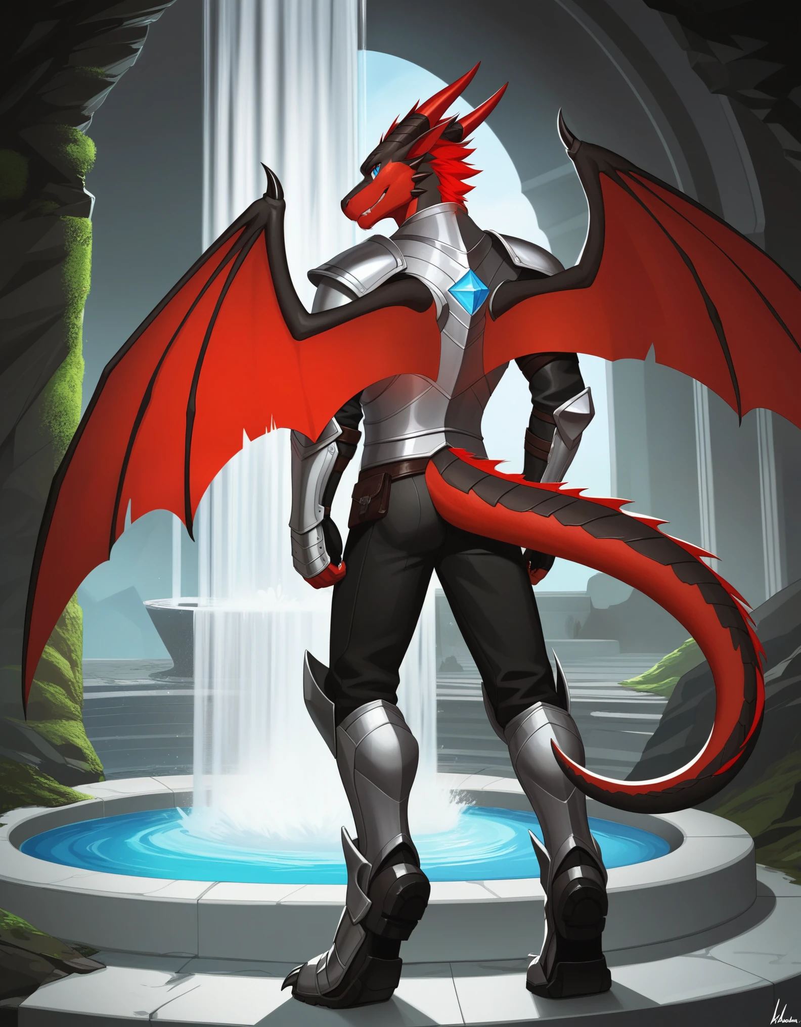 Solo, Score_9, score_8_up, score_7_up, source_cartoon, Anthro male, A black dragon, black dragon with red highlights on scales, black and red wings, blue eyes, standing, wearing knights armor, standing in front of a giant magical fountain, in a cave, he looks amazed, taken aback, looking at the fountain, magic water, in a dark cave, rear view of him
