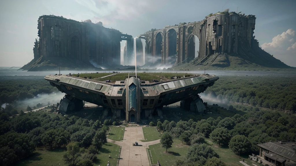 a statues in the middle of a forest with trees and fog in the, stunning vfx, incredible vfx, an intact ancient alien ship, epic cinematic matte painting, alien ship wreck, insanely detailed matte painting, ruined alien structures, from a 2 0 1 9 sci fi 8 k movie, an immense floating castle, destroyed ship, epic and cinematic view, still from a live action movie, abandoned rocket ship, spectacular cinematic scene, aerial footage, very realistic cinematic, hyperrealistic matte painting, very detailed cinematic, highly detailed vfx, drone footage