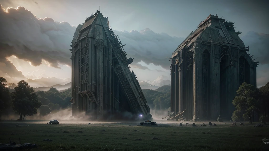 a statues in the middle of a forest with trees and fog in the, stunning vfx, incredible vfx, an intact ancient alien ship, epic cinematic matte painting, alien ship wreck, insanely detailed matte painting, ruined alien structures, from a 2 0 1 9 sci fi 8 k movie, an immense floating castle, destroyed ship, epic and cinematic view, still from a live action movie, abandoned rocket ship, spectacular cinematic scene, aerial footage, very realistic cinematic, hyperrealistic matte painting, very detailed cinematic, highly detailed vfx, drone footage
