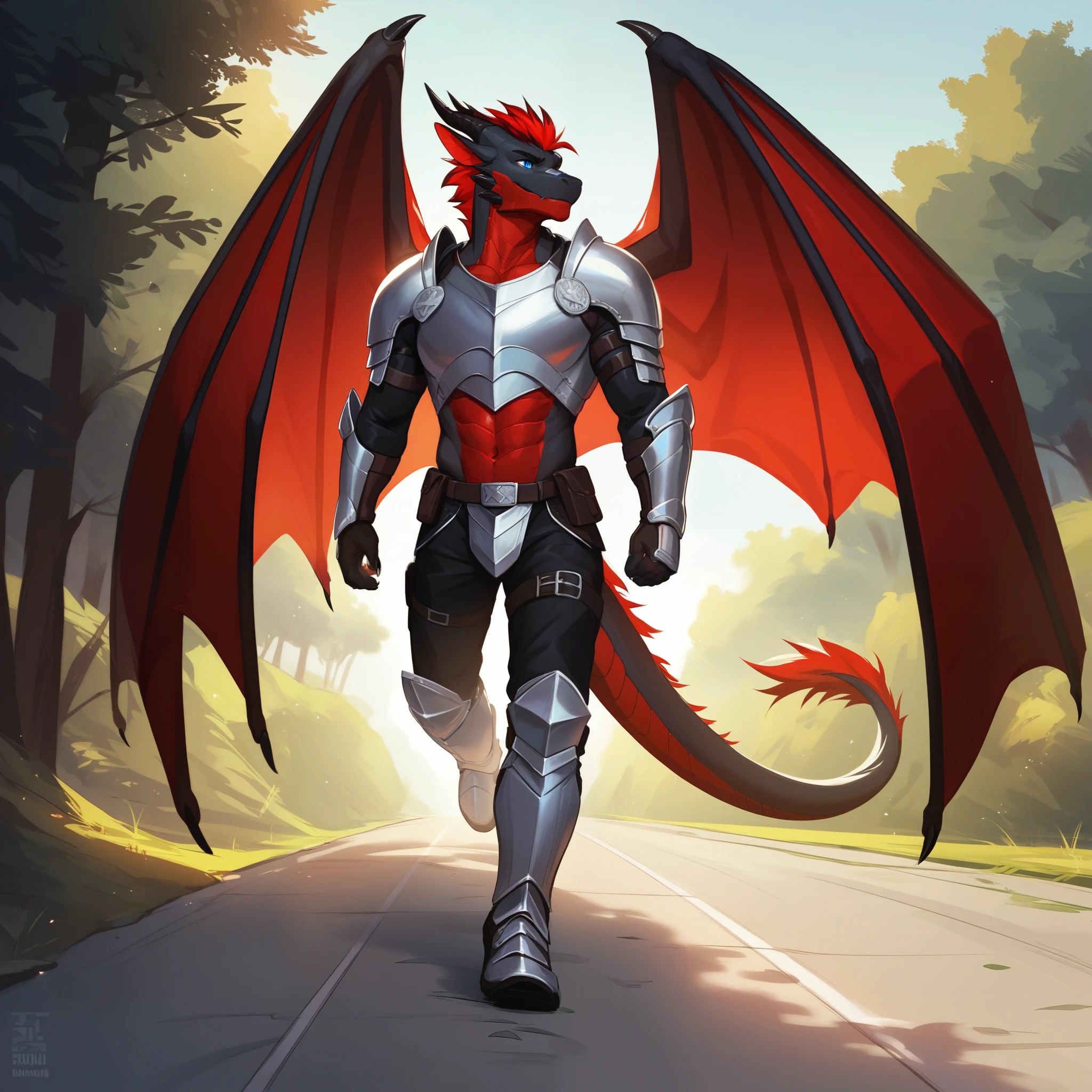 Solo, Score_9, score_8_up, score_7_up, source_cartoon, Anthro male, A black dragon, black dragon with red highlights on scales, black and red wings, blue eyes, standing, wearing knights armor, walking down a trail, outdoors, on an adventure