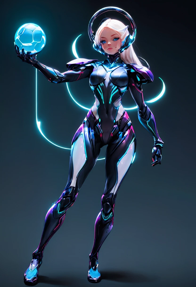 a close-up of a person in a full body suit with a gun, thickness glatte Oberschenkel, Neon edges on the underside of the body, extremely detailed skin, thickness, e-legs, thickness Warframe-legs, , shiny skin, on body and legs, translucent neon skin, long white hair, galactik football redhead, stands in front of a hologram, flying ball over hands, football in hands