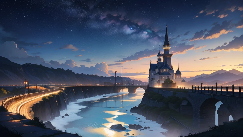High quality masterpiece ,landscape,Animated train passing through water on the tracks, Shining starry sky。Romantic Train,Pixiv,Concept Art,Lofi Artスタイル,Reflective plate。 by Makoto Shinkai, Lofi Art, Beautiful anime scene, アニメのlandscape, 詳細なlandscape —幅672, in Makoto Shinkai's Style, Makoto Shinkai's Style,Detail enhancements