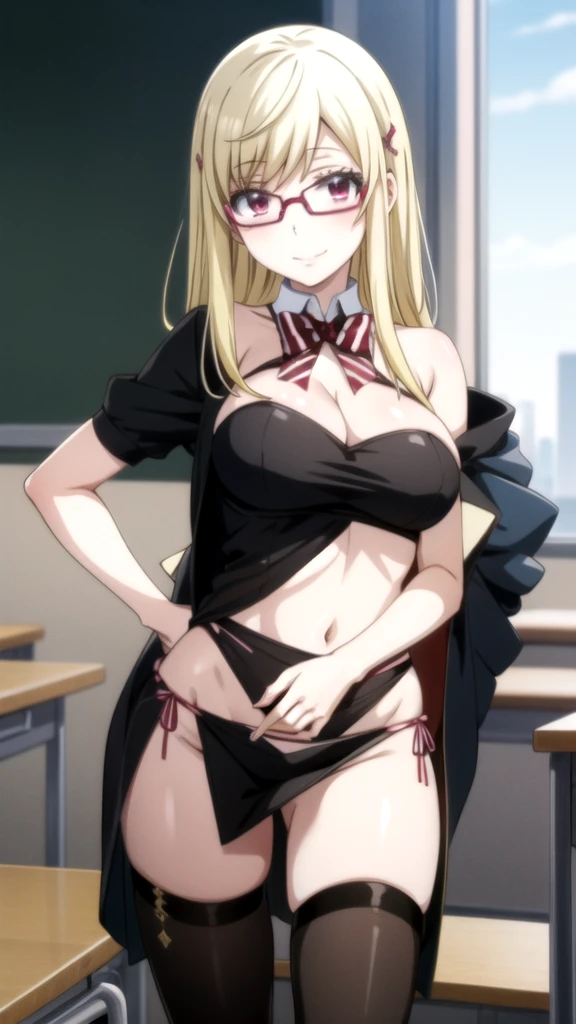Anime girl with glasses and a black shirt posing in a classroom., oppai, con big breasts, biomechanical OPPAI, big breasts!, seductive anime girl, (sfw) Insurance for work, big breasts!!, oppai proportions, Nagatoro, breasts covered and sfw, anime moe art style, cyberpunk oppai, Ecchi anime style, Con big breasts (anime girl) Yamada mocking smile_yellow, 1chica , by rubio, alone, wide, hair ornament, , smile, bow, red eyes my dress darling anime, beautiful seductress anime anime