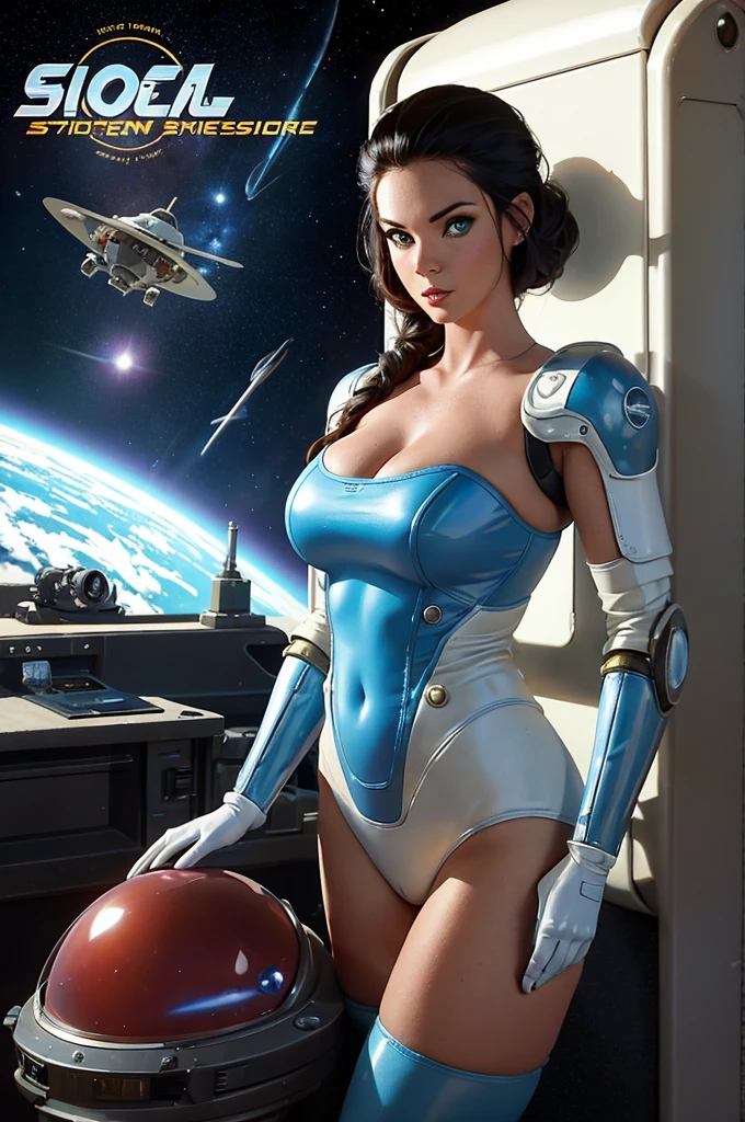cover of an old science fiction pulp book Space Action and Adventure Space science fiction from the 1950s with Alison Tyler as a sexy spacegirl with your robot and flying saucer, imagem perfeita