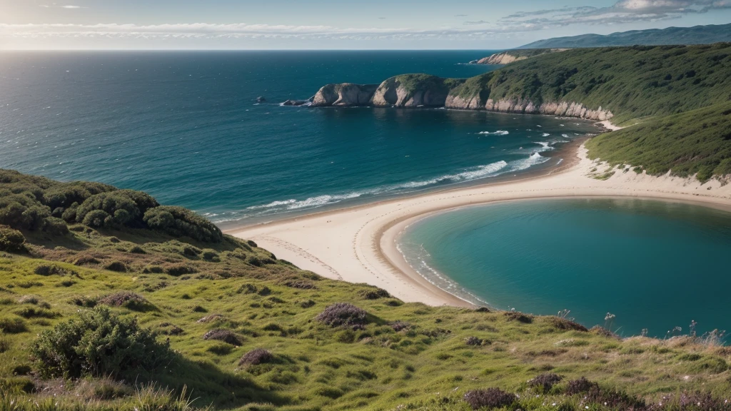 Hyper-realistic cinematic photographic patterns, lighting and ultra-detailed image. In A naturalistic landscape showing the contrast between a calm ocean and fertile land with early vegetation. The color palette includes deep blue tones for the sea, and rich greens and browns for the land and vegetation. The composition is divided diagonally between sea and land, with vegetation growing on the land and the calm sea in the background. The atmosphere is harmonious and balanced, reflecting the symbiosis between land and sea.
widescreen format image with 4K resolution.