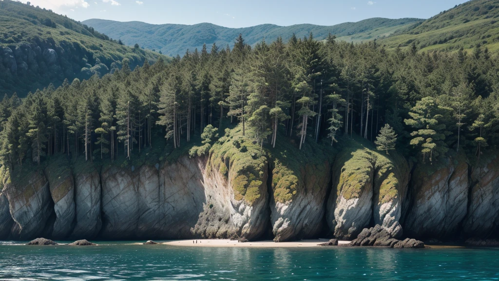 Hyper-realistic cinematic photographic patterns, lighting and ultra-detailed image. In A naturalistic landscape showing the contrast between a calm ocean and fertile land with early vegetation. The color palette includes deep blue tones for the sea, and rich greens and browns for the land and vegetation. The composition is divided diagonally between sea and land, with vegetation growing on the land and the calm sea in the background. The atmosphere is harmonious and balanced, reflecting the symbiosis between land and sea.
 widescreen format image with 4K resolution.