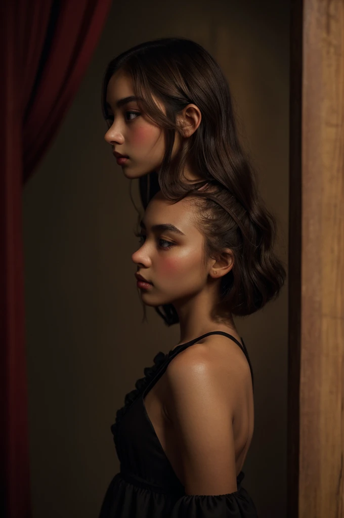 thin girl, thin face, naturally blushing cheeks, by tez clara, short shoulder length wavy hair, brown color, light brown almond eyes, bushy eyebrows, big lips, small nose, dressed in a red and black dress, set in house of the dragon by team black, in profile, in a dark and gloomy space
