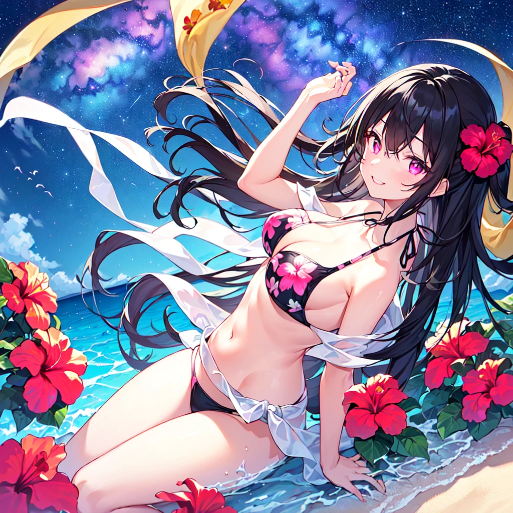 masterpiece, best quality, high quality, extremely detailed, very delicate and beautiful, (1 female 18 years old solo:1.5), (long black hair up to waist with two side up:1.5), bangs to eyebrows, eyes (eyes sharp, strong glossy glossy eyes, eyebrows glossy, (eye color magenta:1.3), 6.5 head height, (bikini swimsuit with hibiscus print:1.3), (floating on back in sea), (smiling), (dynamic pose), (background tropical sea:1.3), (Milky Way Night Sky: 1.3)
