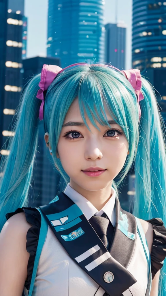 (Hatsune Miku)will perform against the backdrop of the city's nightscape.、((Highest quality、Realistic、、masterpiece:1.3))Highly detailed eyes and face, Beautifully detailed nose, Beautiful attention to detail,Highly detailed face and skin texture、Fine particles、double eyelid、(Big eyes)、looking at the camera、Moisturizing Skin、Glowing Beautiful Skin、Big Breasts、((Face Focus))、Cleavage、(Front of face)、(Sexy Face)、tits、Small face