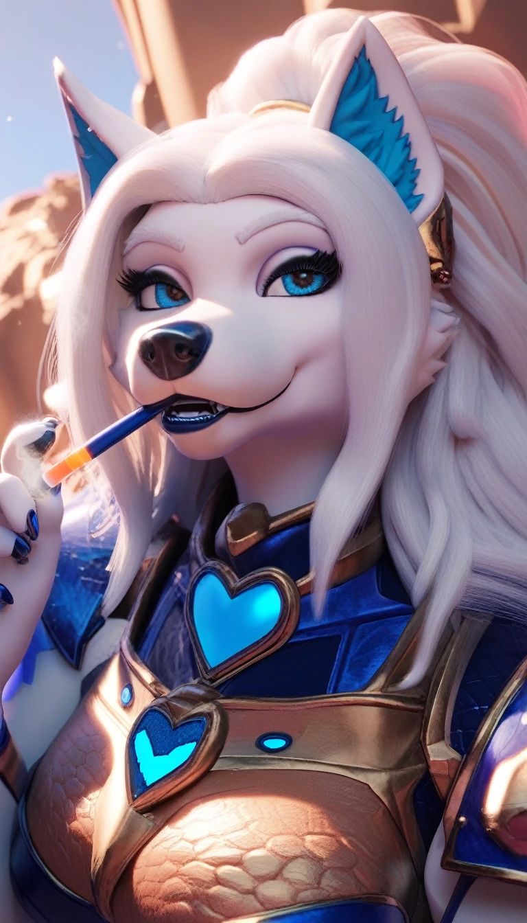 A (((heart stopping, meticulously detailed digital art piece))) depicting a (((High tech fantasy female wolf goddess))) ((smoking cigarette)) a ((cute anthro wolf godess)) with a ((beautiful blue and white mane of fur)) extending down her back in a (((white and blue power suit space armor))), her back turned towards a (distant, extraterrestrial landscape), with breathtaking (((crystal structures))) and vast, ((planets)) twinkling in the vast, black backdrop of an (intergalactic spaceship)