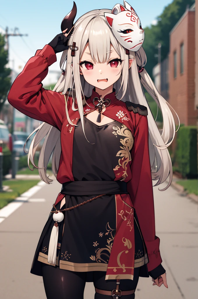 masterpiece, best quality, highres, hmnaa, hair ornament, mask on head, long sleeves, wide sleeves, epaulettes, black pantyhose, thigh strap, bell, cowboy shot, fang, outdoors, peace sign,