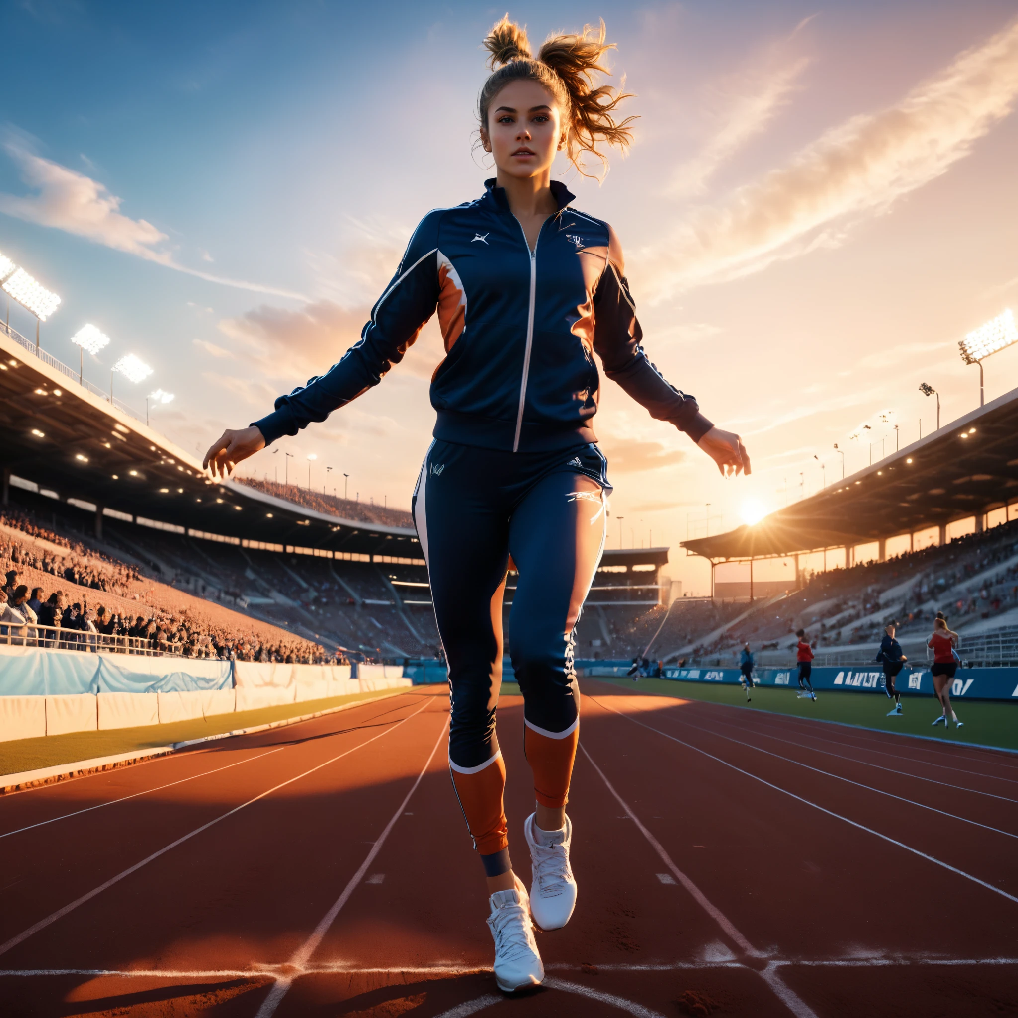 running track athlete,iridescent sportwear,shoes,perfect anatomy,innocent,stadium,sunset,cinematic lighting,(masterpiece,8k,Professional,perfect composition,very aesthetic,absurdres,ultra-detailed,intricate details:1.2),perfect proportion