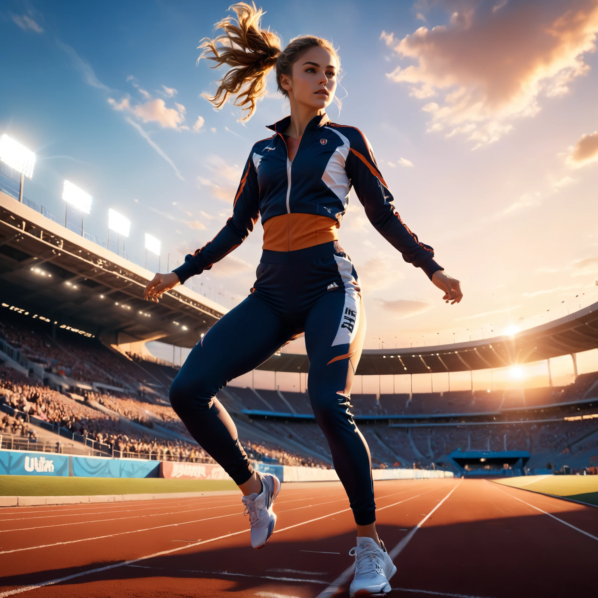 running track athlete,iridescent sportwear,shoes,perfect anatomy,innocent,stadium,sunset,cinematic lighting,(masterpiece,8k,Professional,perfect composition,very aesthetic,absurdres,ultra-detailed,intricate details:1.2),perfect proportion