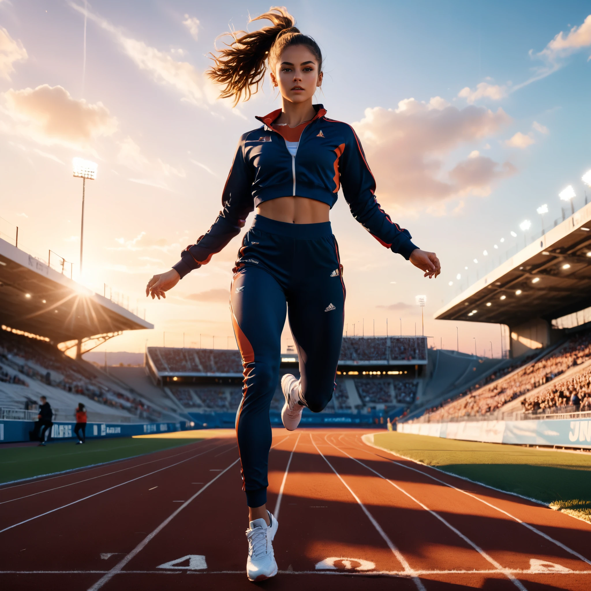 running track athlete,iridescent sportwear,shoes,perfect anatomy,innocent,stadium,sunset,cinematic lighting,(masterpiece,8k,Professional,perfect composition,very aesthetic,absurdres,ultra-detailed,intricate details:1.2),perfect proportion