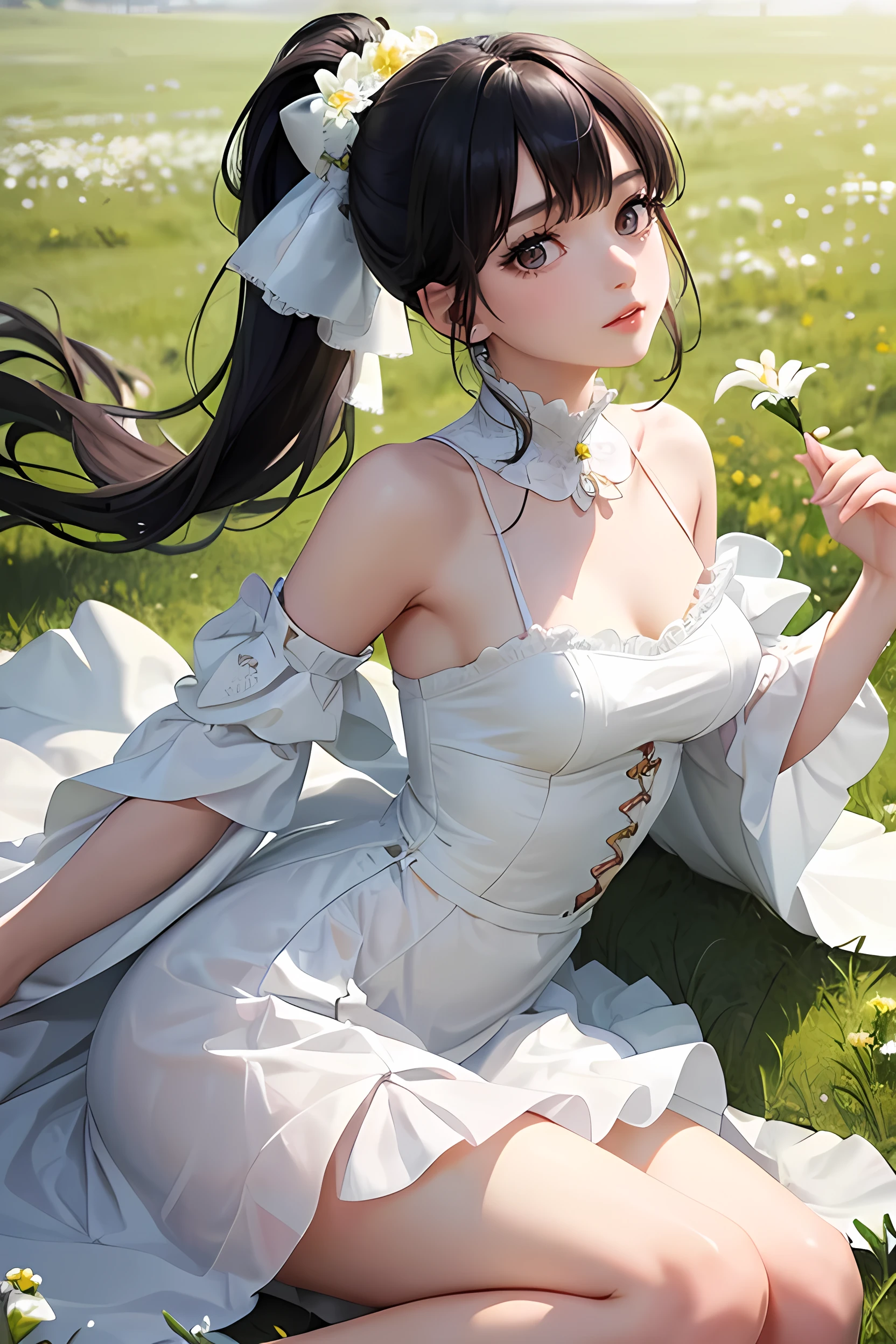 (Highest quality、Highest quality、Masterpiece、Very delicate、Very detailed、Exquisite、16K、Full HD)、1 female、(White mini skirt flare dress、Green decoration、ribbon、White frills)、Perfect body line、Glowing Skin、(Groomed eyebrows、Pink Lips、Brown eyes、Detailed eyes)、(Black Hair、ponytail、Shiny Hair)、Dynamic Pose、Dramatic lighting、(grassland、flower、Wind)