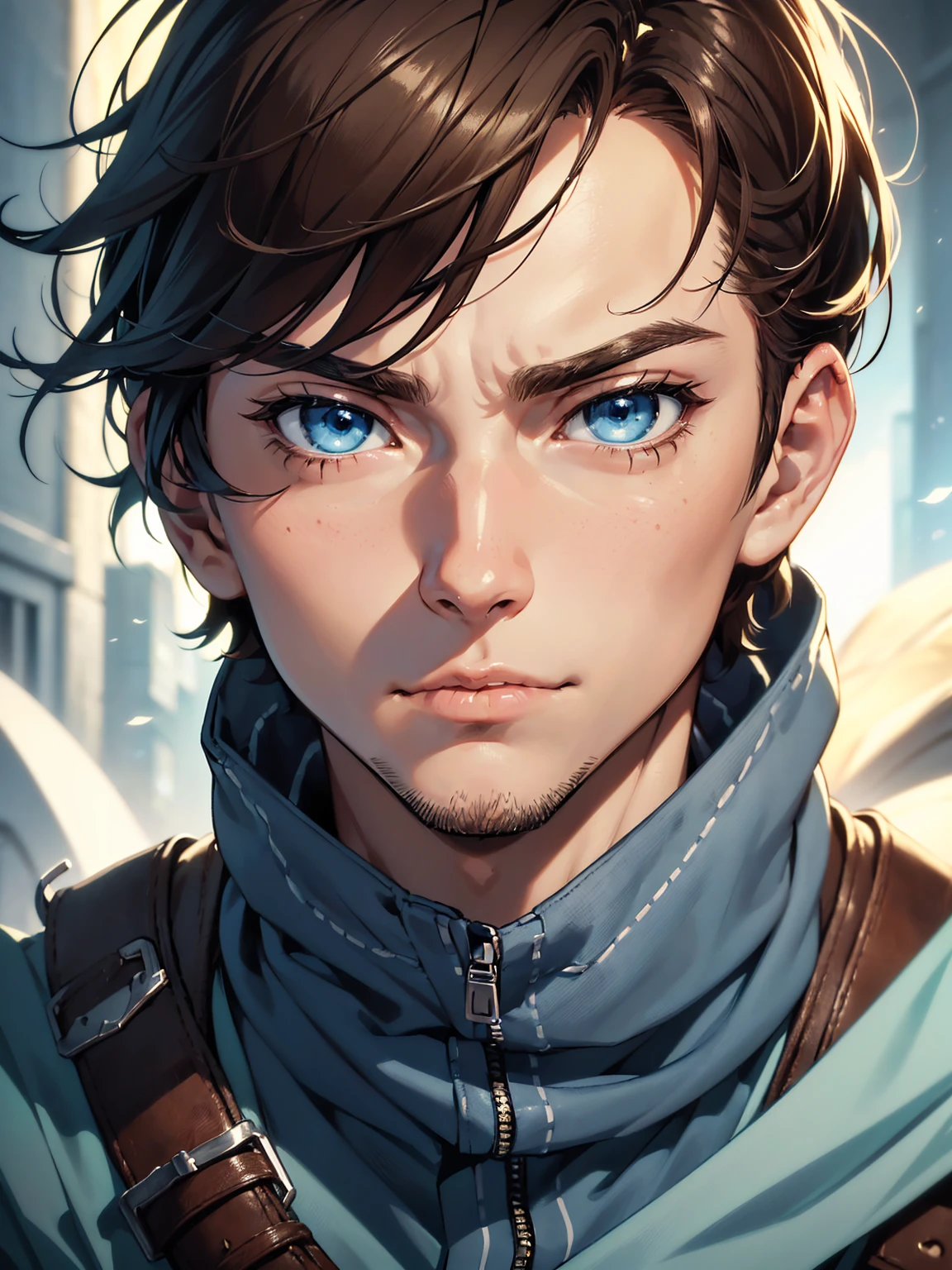 photo(portrait, from the front, close up, facing camera) of a man(solo, 25 years old,sharp jawline, immature, scared, innocent short brown hair, light blue eyes, adventurer, scared face), hentai game, anime, best quality, masterpiece, maximum detail, high resolution