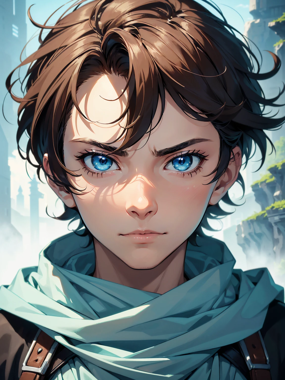 photo(portrait, from the front, close up, facing camera) of a man(solo, 25 years old,sharp jawline, immature, scared, innocent short brown hair, light blue eyes, adventurer, scared face), hentai game, anime, best quality, masterpiece, maximum detail, high resolution