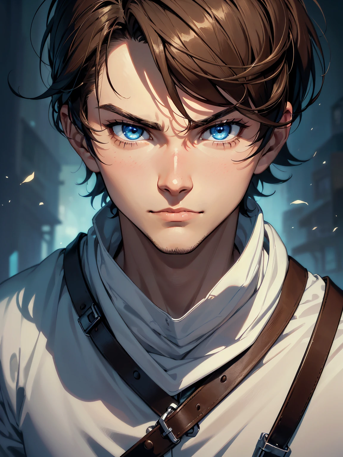 photo(portrait, from the front, close up, facing camera) of a man(solo, 25 years old,sharp jawline, immature, scared, innocent short brown hair, light blue eyes, adventurer, scared face), hentai game, anime, best quality, masterpiece, maximum detail, high resolution