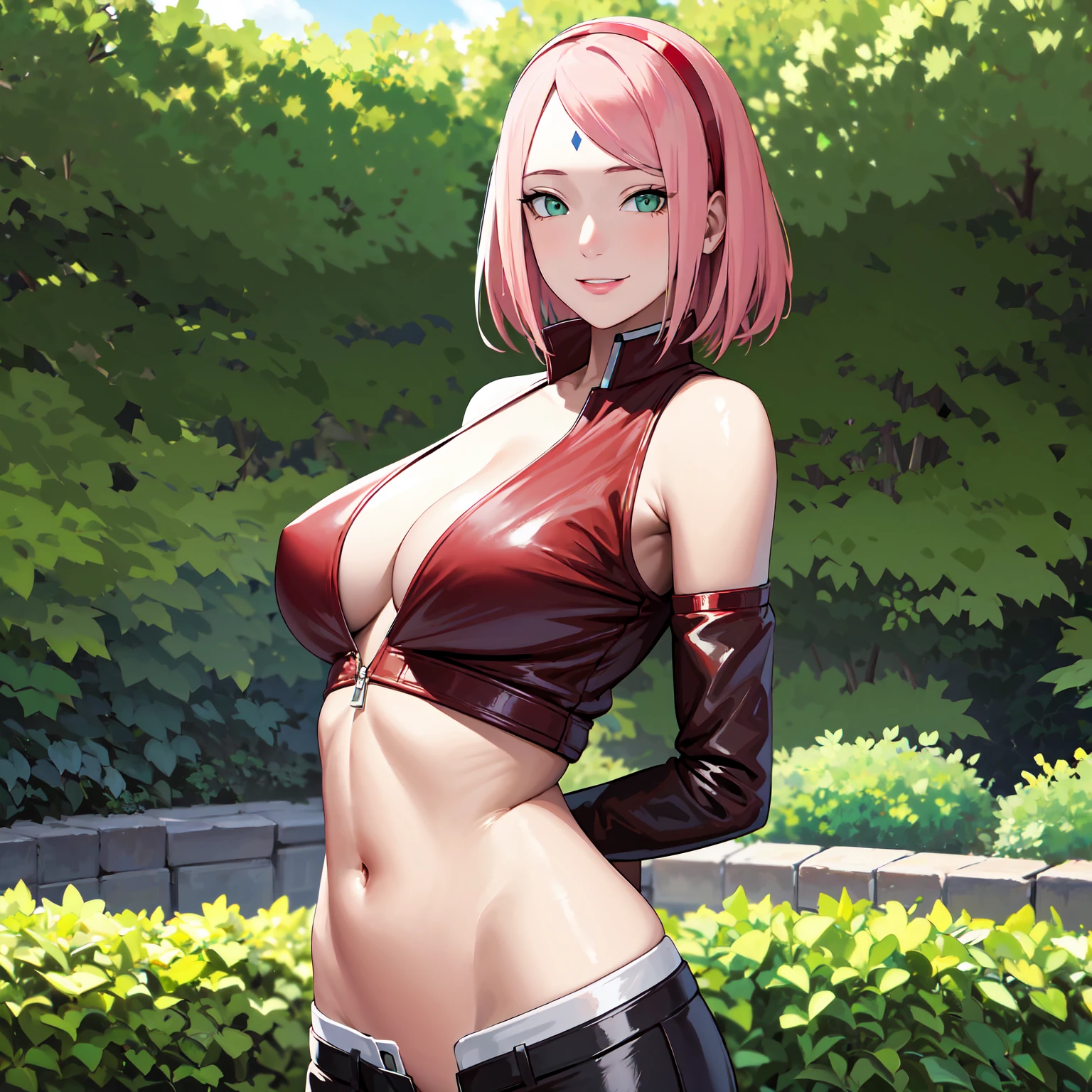 masterpiece, best quality,sharpness,absurdres ,1girl, haruno sakura,forehead mark, red hairband,, bracelet, looking at viewer, (arms behind head:1.1), smile,, middle large breasts,standing in a garden,arms behind back,closeup,only upperbody ,open leather jacket,bikini