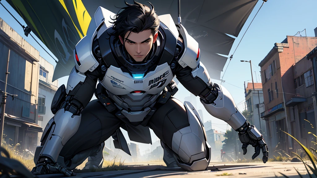 Make a banner in absurd resolution, high resolution, (work of art: 1.4), hiper-detalhe, young man with black hair, Robotic arm, very technological