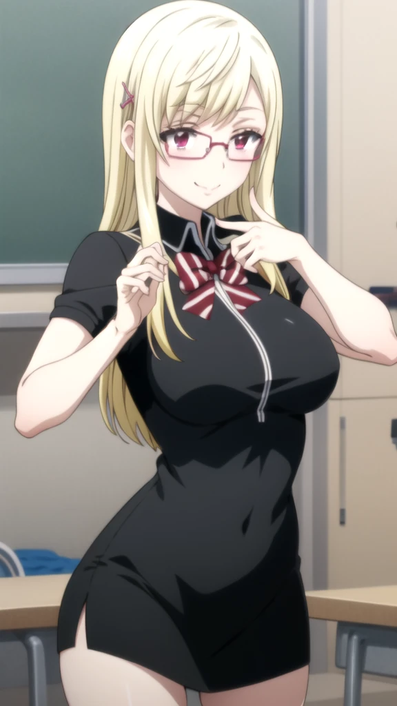 Anime girl with glasses and a black shirt posing in a classroom., oppai, con big breasts, biomechanical OPPAI, big breasts!, seductive anime girl, (sfw) Insurance for work, big breasts!!, oppai proportions, Nagatoro, breasts covered and sfw, anime moe art style, cyberpunk oppai, Ecchi anime style, Con big breasts (anime girl) Yamada mocking smile_yellow, 1chica , by rubio, alone, wide, hair ornament, , smile, bow, red eyes my dress darling anime, beautiful seductress anime anime