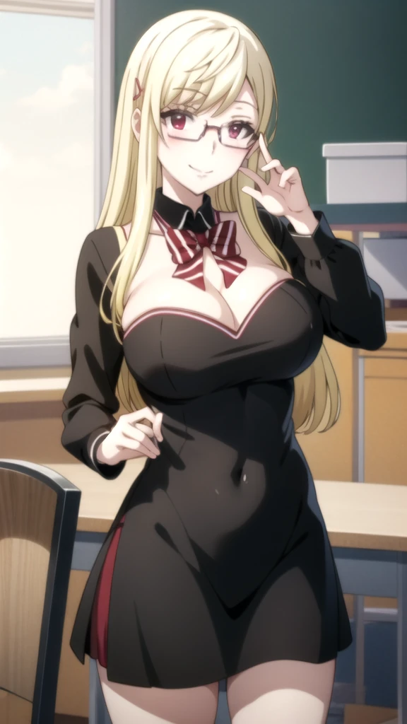 Anime girl with glasses and a black shirt posing in a classroom., oppai, con big breasts, biomechanical OPPAI, big breasts!, seductive anime girl, (sfw) Insurance for work, big breasts!!, oppai proportions, Nagatoro, breasts covered and sfw, anime moe art style, cyberpunk oppai, Ecchi anime style, Con big breasts (anime girl) Yamada mocking smile_yellow, 1chica , by rubio, alone, wide, hair ornament, , smile, bow, red eyes my dress darling anime, beautiful seductress anime anime