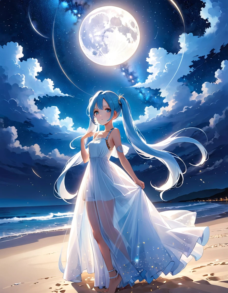 Night sky beach、Big Moon、milky way、Lots of shooting stars、Light blue long hair、Beautiful girl with twin tails、White long dress、Bigger in the center、Face Highlights、
