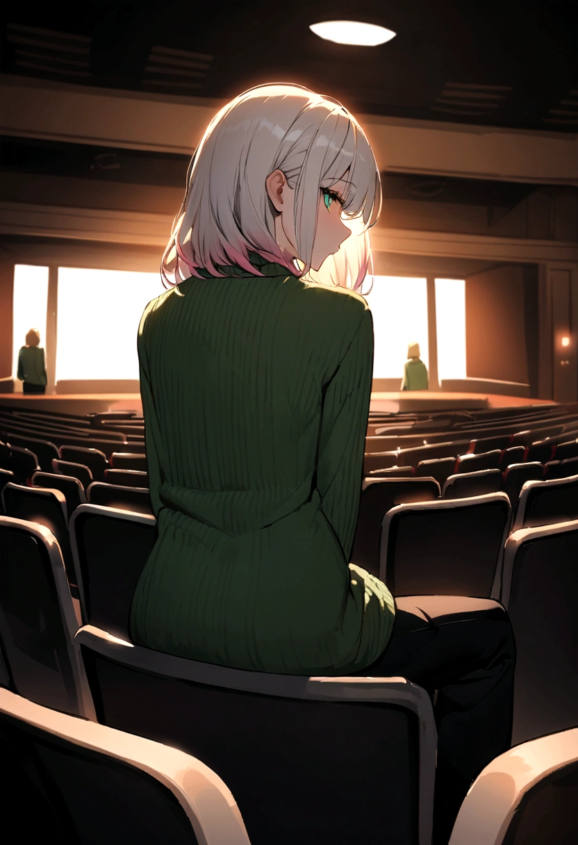 Photo from behind of white girl , white hair with pink tips , blue eyes dressed in a red dress accompanied by a white boy , blond hair , green eyes dressed in a green sweater and black pants sitting in the auditorium with two with syringes behind the chairs
