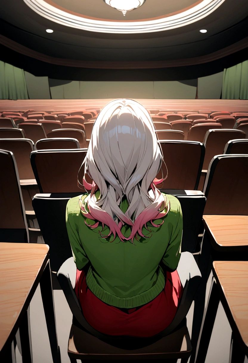 Photo from behind of white girl , white hair with pink tips , blue eyes dressed in a red dress accompanied by a white boy , blond hair , green eyes dressed in a green sweater and black pants sitting in the auditorium with two with syringes behind the chairs 
