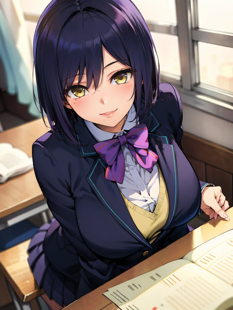 modelshoot style, (masterpiece:1.3), (absurdres:1.3), (best quality:1.3), (8K), (large masterpiece digital art), (detailed manga illustration), (handled hair), pureerosface_v1, perfect anatomy, (sharp eyeliner, eyeshadow, detailed eyes:1.1), (intricate details:1.3), (ultra-detailed:1.3), (illustration:1.3), (sharp focus:1.3), (natural lighting:1.05), (vivid colors:1.3), BREAK shizurin, 1girl, shizuka rin, solo,huge breasts, , lips, yellow eyes, pleated skirt, purple bow, short hair, blazer, blue hair, purple pantyhose, long sleeves, mole under eye, bangs, bowtie, white shirt, black jacket, purple bowtie, collared shirt, black skirt, sweater, blue jacket, miniskirt, upper body, portrait, facing viewer, close-up, pov, leaning forward, light smile, closed mouth, BREAK indoors, classroom, window, sunlight, wooden floor,nsfw