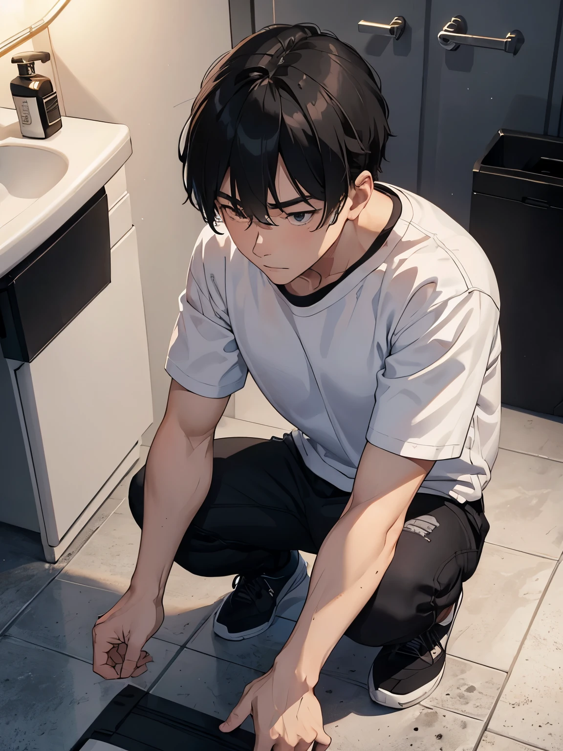 A 20-year-old man squatting、Lower abdomen of middle-aged men、Blowjob、Top view、White T-shirt and black pants、A dark and suspicious toilet at night、