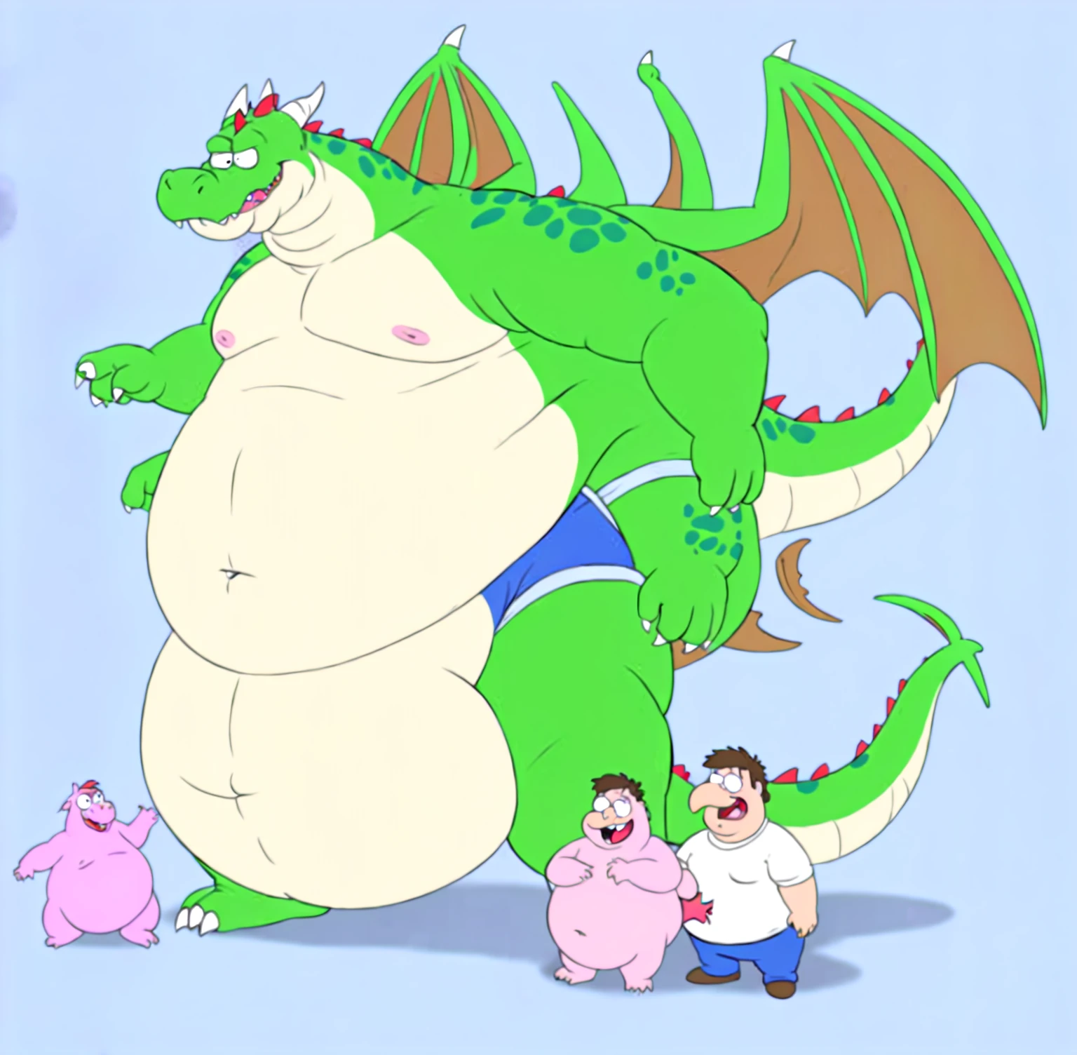 a cartoon of a green dragon with a big belly and a big belly, fat dragon, as an anthropomorphic dragon, fat ripped satanic creature, young male anthro dragon, all mimsy were the borogoves, peter griffin body type, fluffy green belly, robust stocky body, fat dragon with rider, but as an anthropomorphic dragon