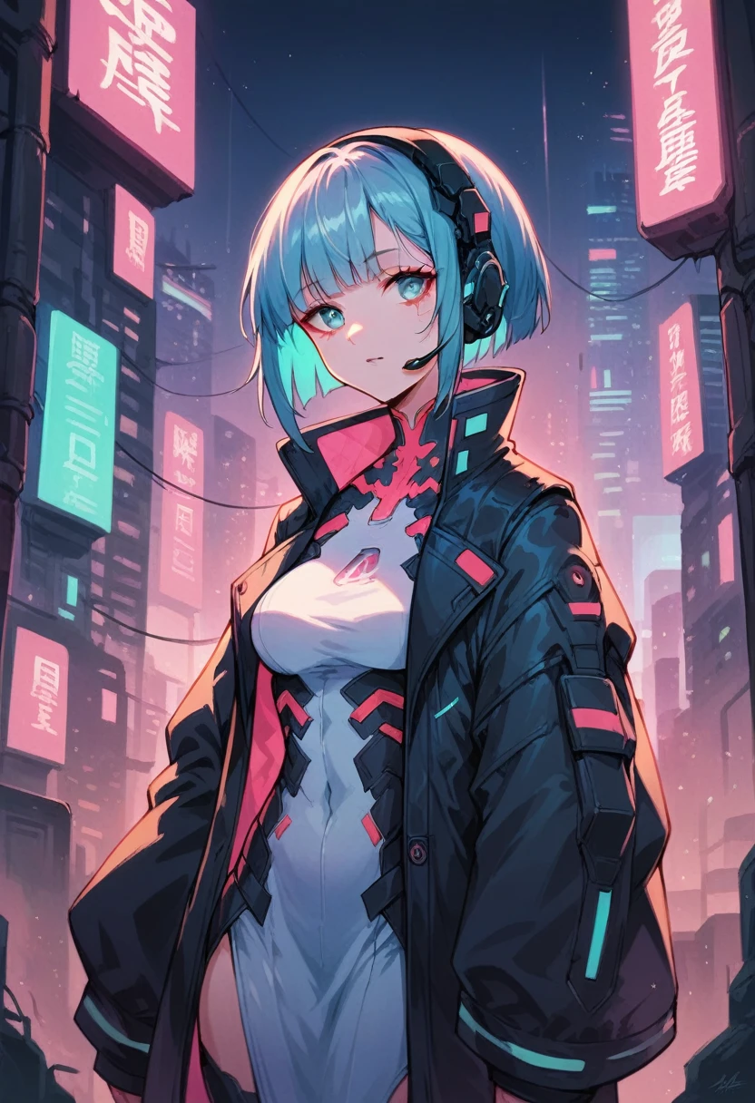 high quality image, futuristic anime style, cyberpunk, a girl in a futuristic city, neon colors, jacket with wide sleeves and white dress, headset, medium hair with bangs, sultry body, blue hair on the outside and pink on the inside, cyan eyes, skin fair