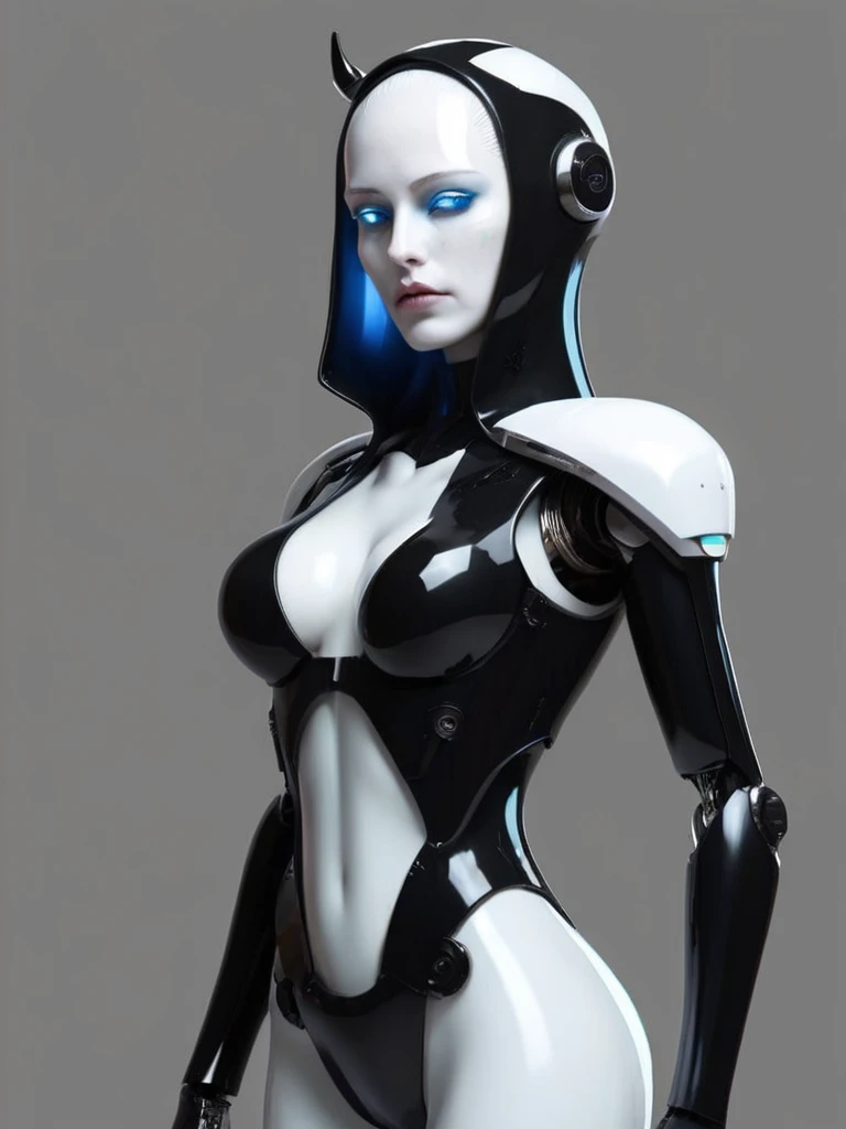 ral-opal, meahophontron, full body, beautifull woman robot cyberpunk face, devil nun, black, looking at camera, body nun clothes, White clothes, azul y black.