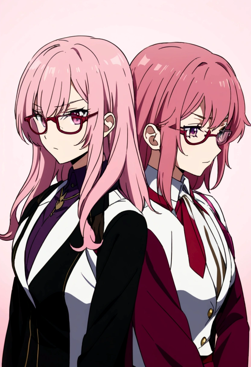 twins, one more serene and the other more agitated, one has pink hair and the other wine color, one has glasses and the other doesn't, modern age clothes, anime