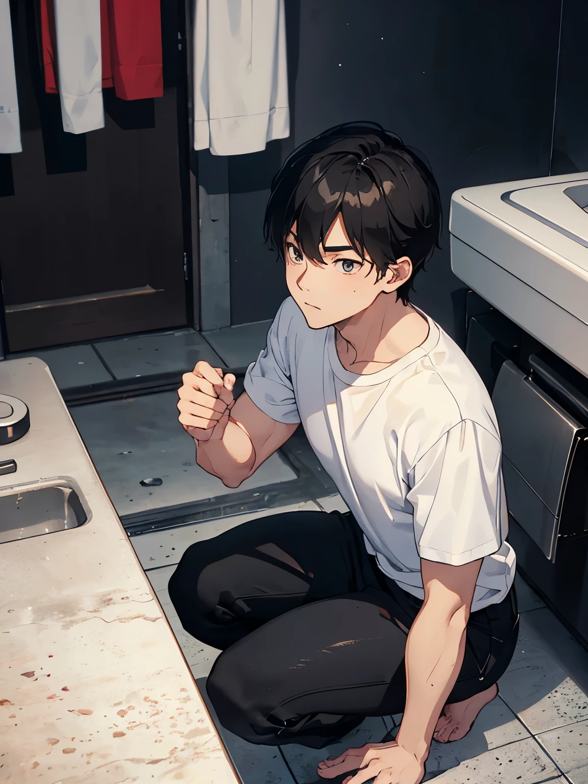A 20-year-old man squatting、Lower abdomen of middle-aged men、Blowjob、Top view、White T-shirt and black pants、A dark and suspicious toilet at night、